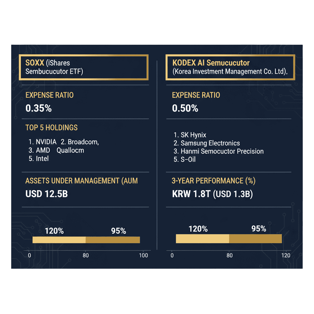 AI반도체 ETF 완전 비교 SOXX KODEX AI반도체핵심장비 ETF 수익률 보수 구성종목 비교 차트