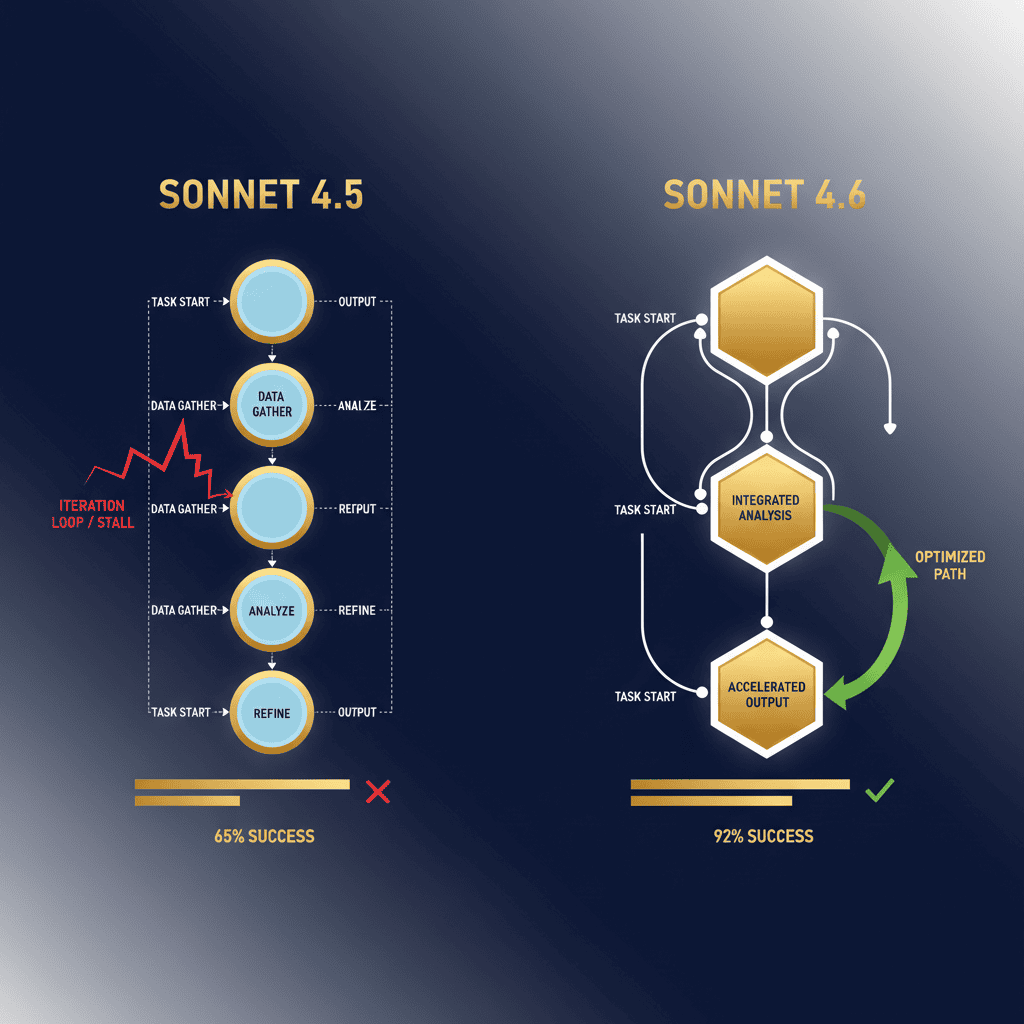 Sonnet 4.5 vs 4.6 핵심 차이 Claude Sonnet 4.5 vs 4.6 에이전트 멀티스텝 작업 능력 차이 비교 다이어그램